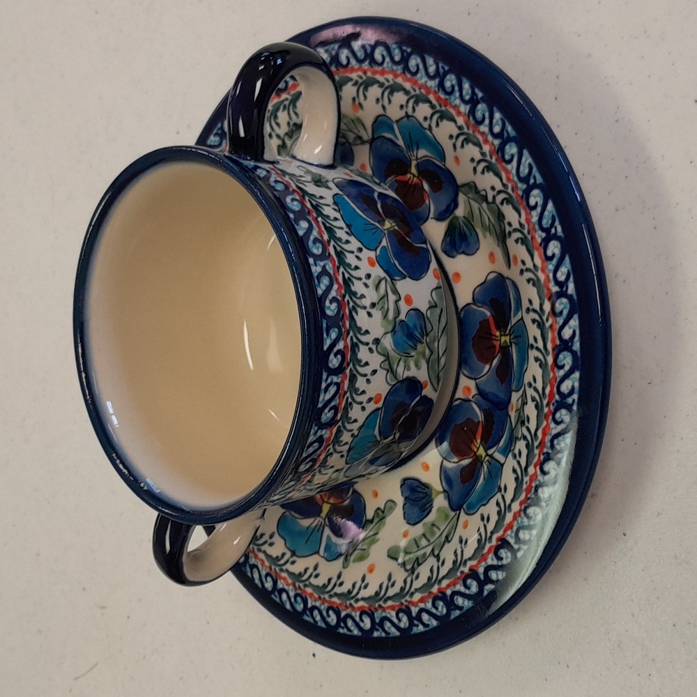 NEW POLISH POTTERY SOUP CUP AND SAUCER WITH BLUE POPPIES  UNIKAT POTTERY
